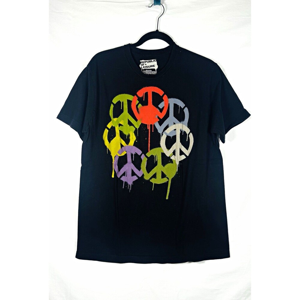 Republic of Leisure Men's L Black Cotton Crew Neck Short Sleeve Peace Tee
